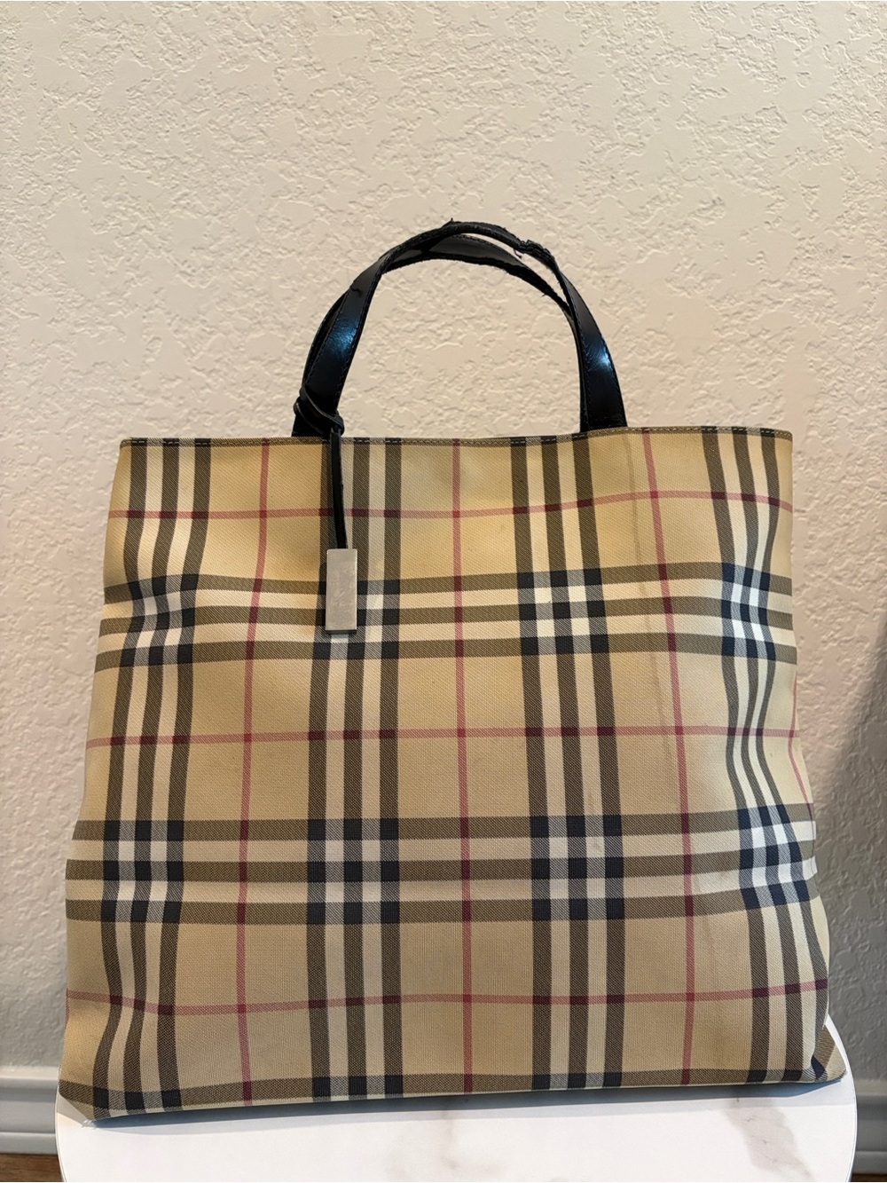 Burberry Large Canvas Plaid Nova Check Tote Bag